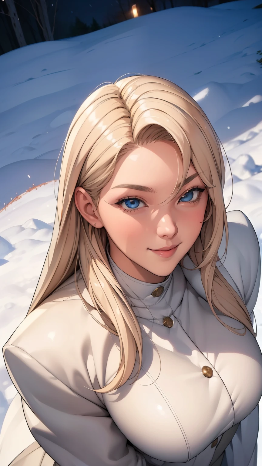 (masterpiece), (highest quality), One girl, (Perfect Face:1.2), (Beautiful Face:1.2), Platinum Blonde Hair, (From above, Upper Body:1.3), Happy, A light smile, View your viewers, Pause, 
winter coat, Outdoor, winter, snow, at night, Complex, Depth of written boundary, Cinema Lighting,Pink nipples、Big Breasts、Beautiful thighs、stockings、pantyhose、