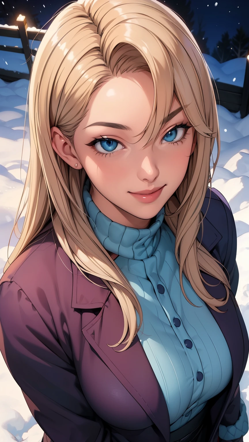 (masterpiece), (best quality), 1girl, (perfect face:1.2), (beautiful face:1.2), platinum blonde hair, (from above, upper body:1.3), happy, light smile, looking at viewer, pose,
winter coat, outdoors, winter, snow, night time, intricate, depth of field, cinematic lighting,