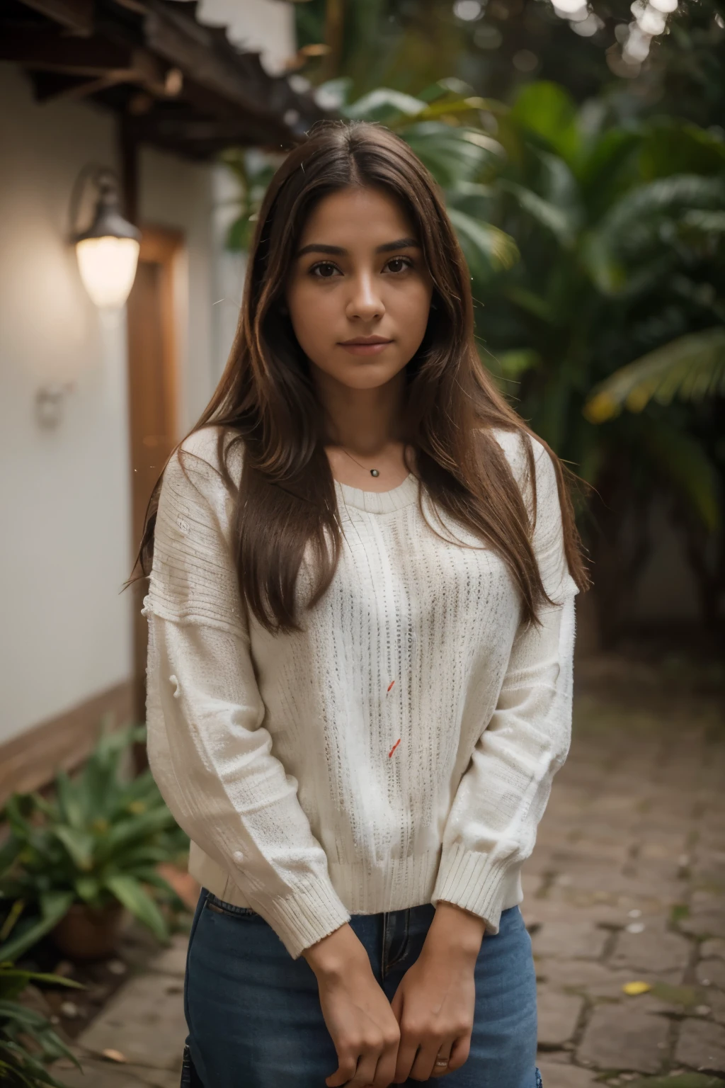 primeiro plano (garota linda, Inventar), (19 anos), (feliz, Cabelo ondulado CASTANHO, franja dividida, anoitecer: 1.2), , High definition, Reflexo de lente, knitted sweater, saia plissada e mocassins, Olhando para o espectador, (Foto CRU, Unidade CG, cinematographic, Detalhes ultrarrealistas, sharp focus, pele detalhada, 4k, high resolution, Obra-prima, melhor qualidade: 1.1), (realista, fotorrealista: 1.37) (8k, 4k, UHigh definition, high resolution, profesional, kinematics, filme, dramatic, barulho), (Antecedentes detalhados: 1.25), Anamorphic depth of field blurred bokeh background,