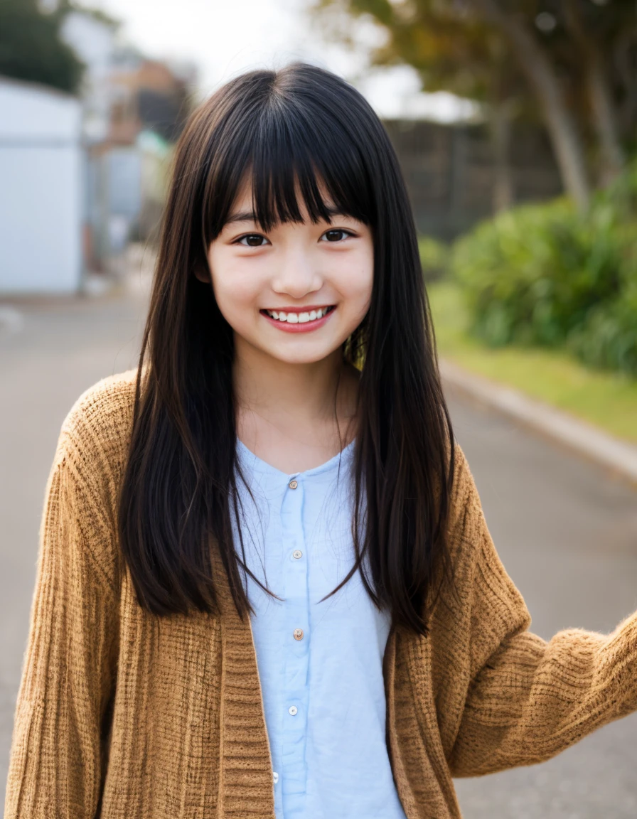 Japanese beautiful girl、、hatsuharu、cardigan、hair scrunchie、small eyes、Black hair straight long、Spinning、bitter smile、double teeth、