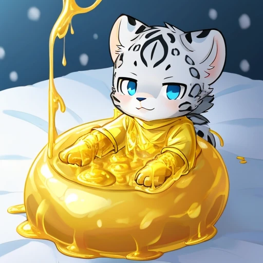 (best quality,high resolution）Snow leopard cub wearing golden slime，Wearing golden slime short sleeves