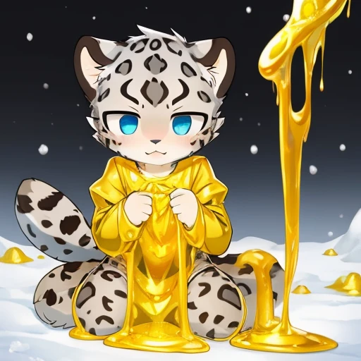 A snow leopard cub kneels in golden slime,Thighs covered with golden slime,Mouth full of golden slime,Wear diapers