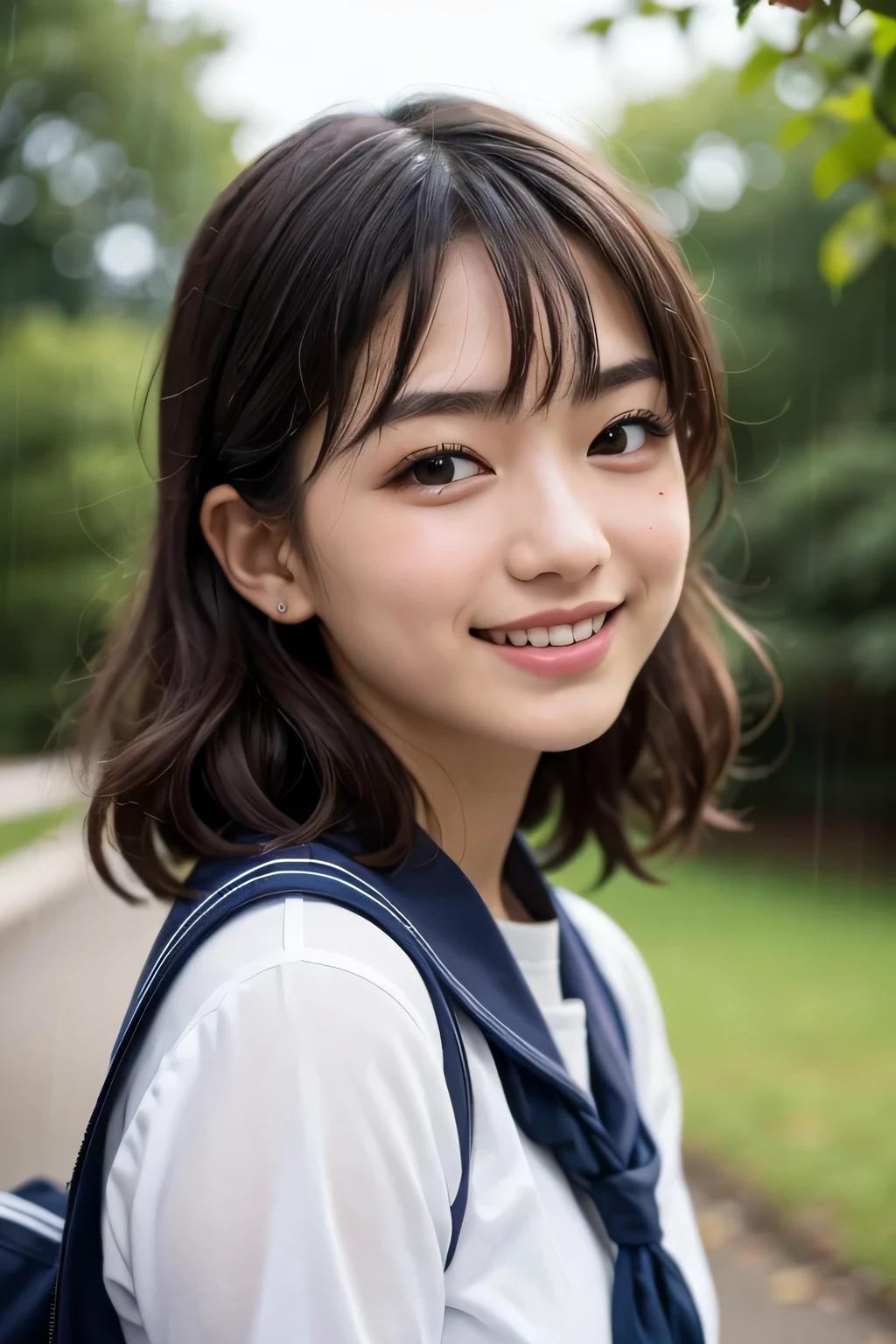 forest, rain, studio light, written boundary depth, Upper body, thin, cute face, big smile, beautiful and fine eyes, False eyelashes are prohibited, short eyelashes, 16 years old Japan, cute, Warm brown voluminous curls, sailor suit, high school student, neat,