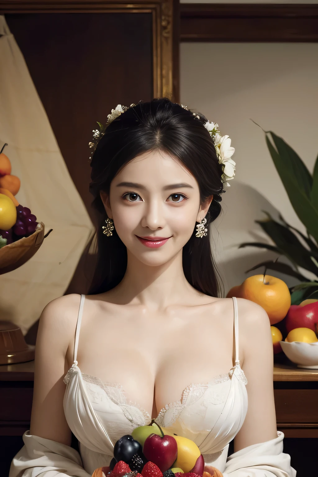 femele,Pure smile, Caravaggio's paintings,florals,fruits,Big breasts