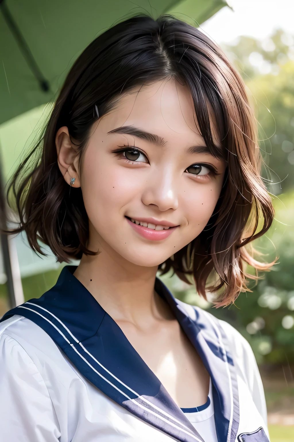 forest, rain, studio light, written boundary depth, Upper body, thin, cute face, big smile, beautiful and fine eyes, False eyelashes are prohibited, short eyelashes,  Japan, cute, Warm brown voluminous curls, sailor suit, high school student, neat,