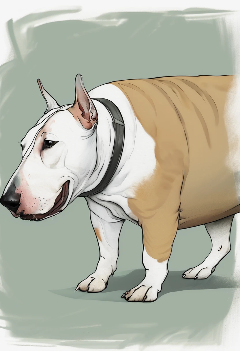 big, fat bullterrier dog, animal with huge, low hanging chest and neck, very much fat in belly, fat folds on hindquarter and rear-end being bloated, colored ink sketch, snout tight, small and slightly creased head, side_view, profile view, long saggy teats on lower belly, tail up, long tail, bony tail, dog tail, tail on butt, quadrupedal, paws on legs, no_hands, feral_dog, paws for hands, paws for feet, dog paws, bullterrier_face, bullterrier dog, shape of a very obese bullterrier, extremely fat dog, obese dog, not-human, furry_creature, completely_furred, no_feet, paws_for_feet, no people,
