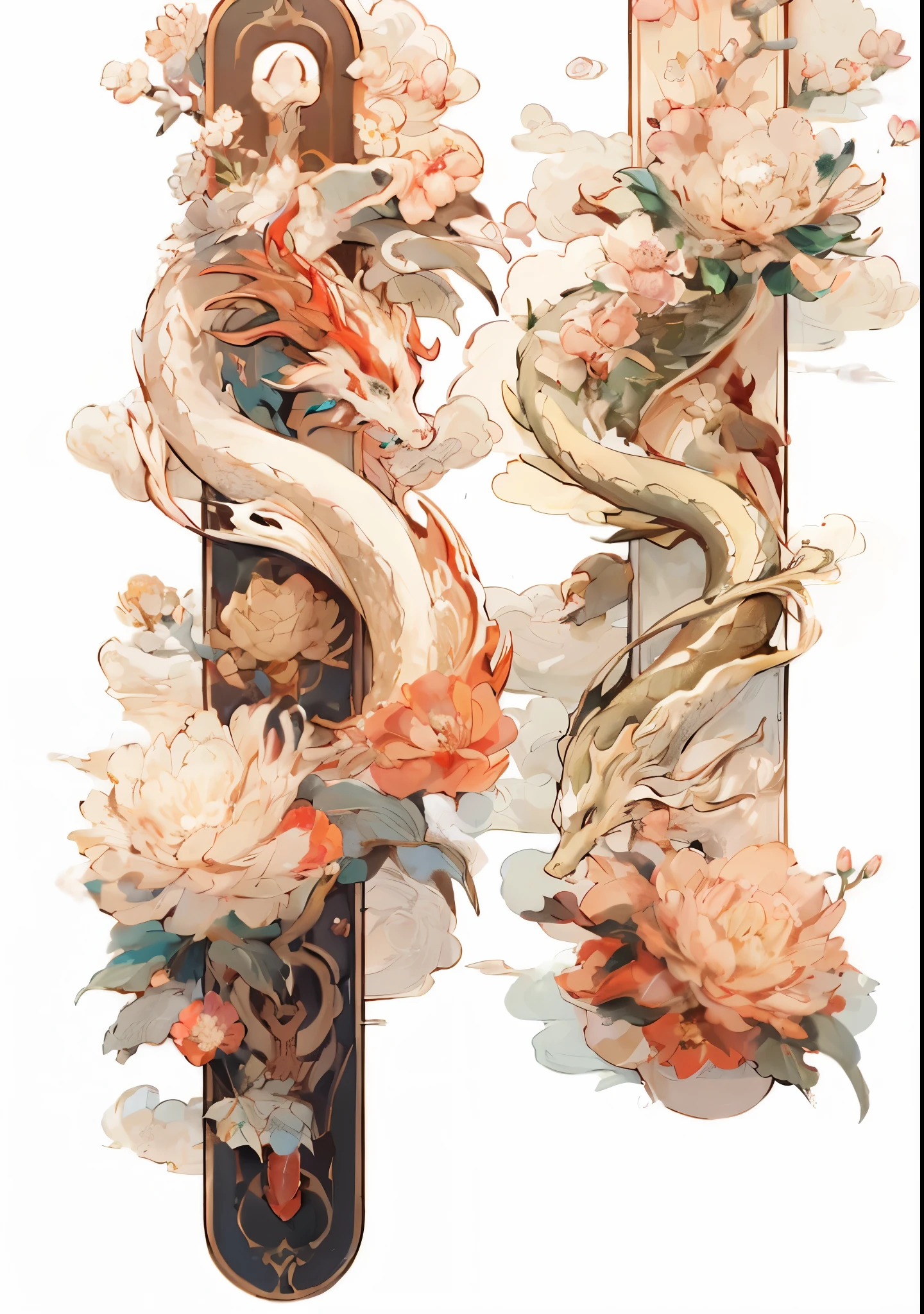 Domineering dragon，The white dragon intersperses among the flowers，white blossoms，pink flower，Curved dragon，Detailed dragon scales