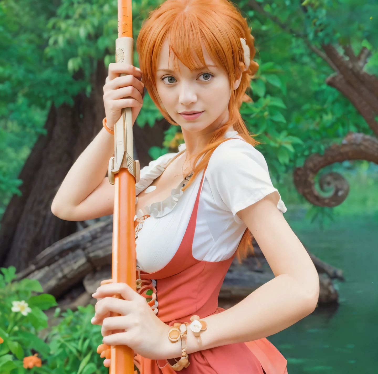 (masterpiece), (realistic), (ultra detailed), ( high reest quality), (photorealistic), (perfect face), (perfect anatomy), woman, female, solo, Swede, Swede, nami from one piece, nami, long haircut, orange hair, long haircut with side bangs, (((the character has big breasts))), Her hair is tied back and part of it tied in front, wearing a white dress, wearing a red dress vest, wearing bracelets, the character's face is full of anger and her mouth is open, the character is holding Nami's weapon climatact stick from One Piece, behind the character is a forest