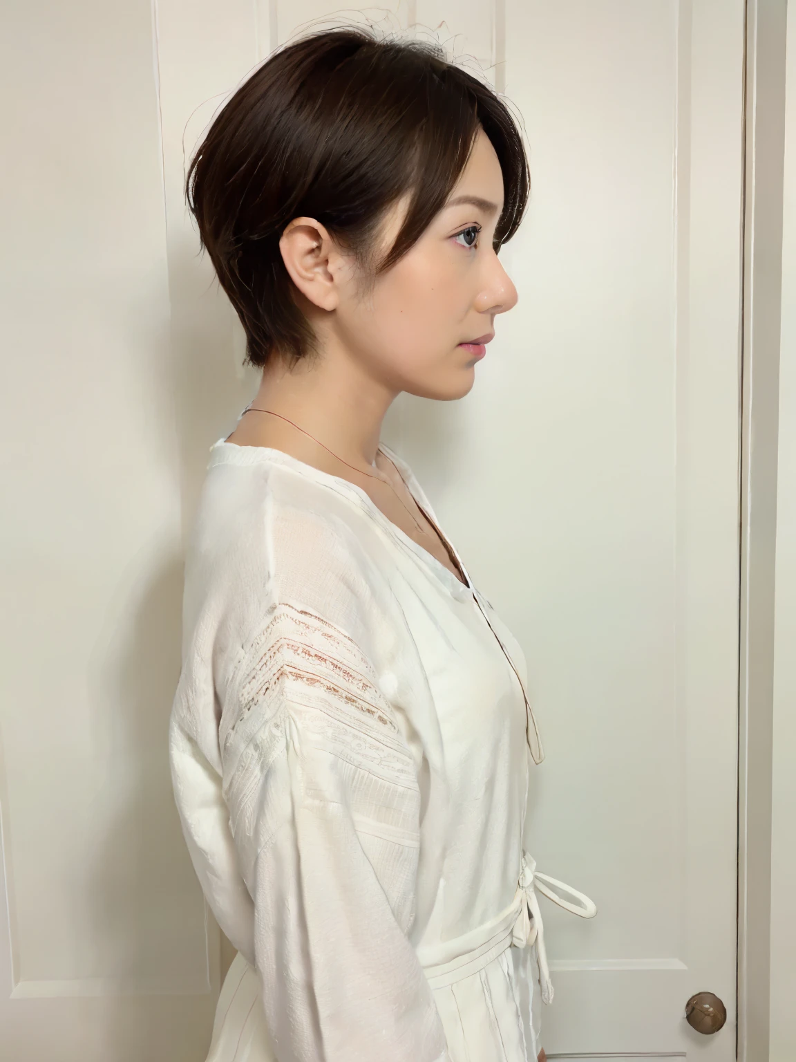 best quality, In 8K, high quality, High resolution, detailed face, detailed eye, thick lips, solo, middle-aged women, Beautiful woman, 35 years old, short hair、black hair、Shot in natural light、Japanese,autumn clothes、Winter clothes、simple necklace、pastel clothing、white wall、Taken in front of the white door、(窓のあるwhite wallの部屋)、(dark brown hair)、various poses、(Beautiful profile:1.3)、Don't look at the camera