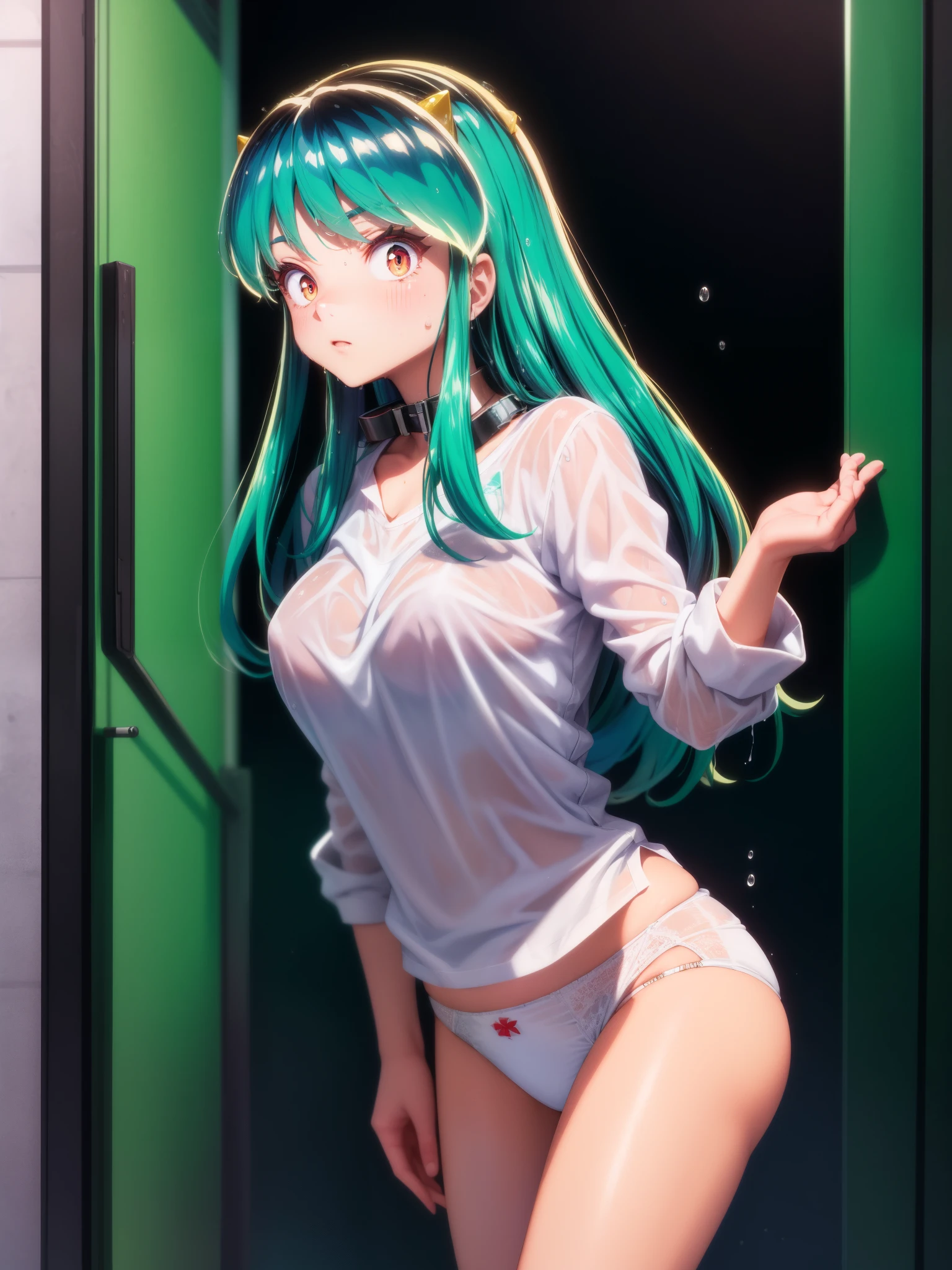 ram invader, large breasts, wet with water, (Nipple 1.4), (White clothing: 1.2) dripping sweat, Mini Panties, best quality, Ultra high fine mesh, maximum resolution, ultra detail, anime dick, background, girl, very cute, medium hair, black hair, hair ribbon, Barrette, Colored eyes, false collar, slave