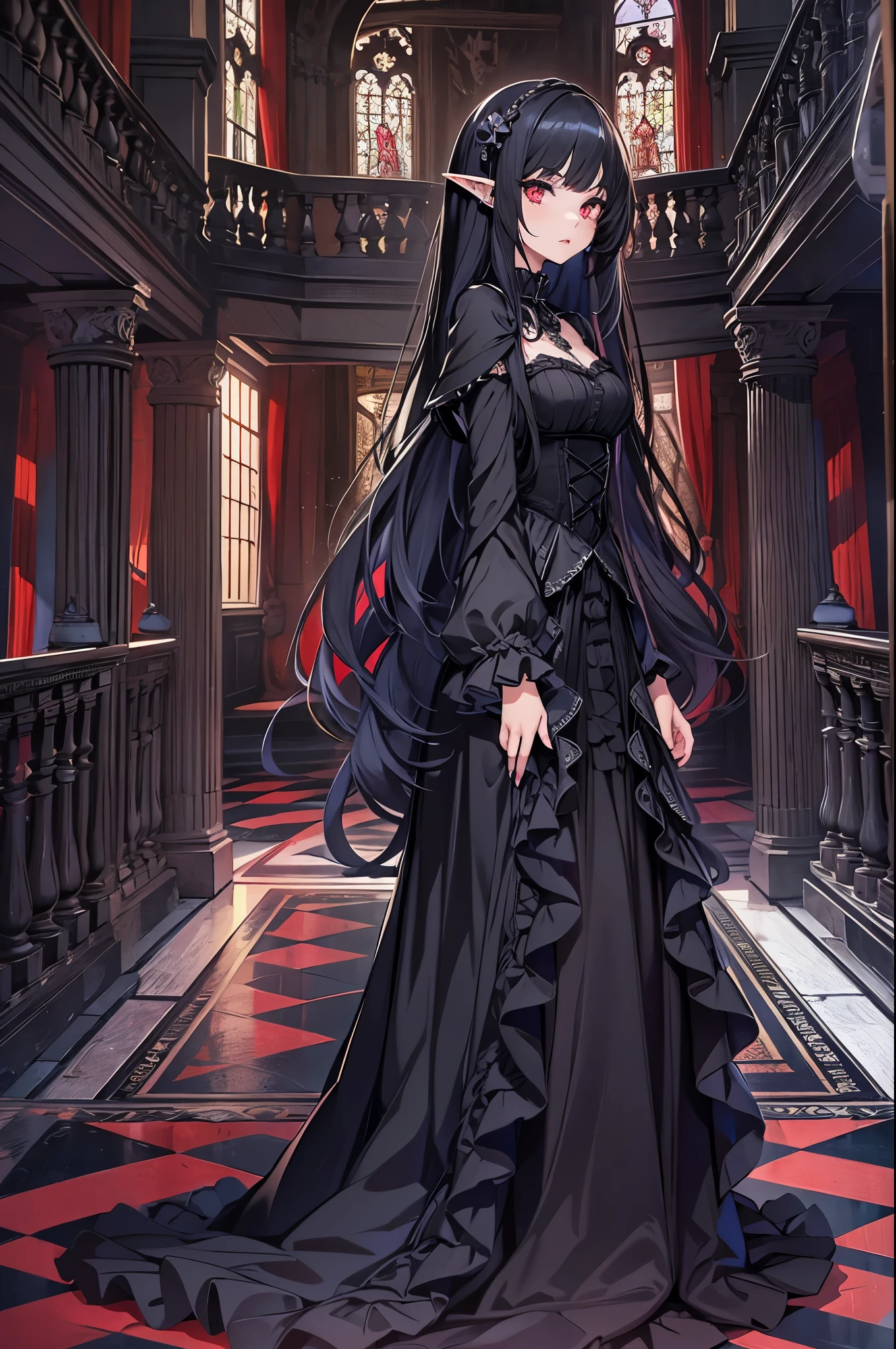 anime, goth girl, elf ears, emo girl, long hair, lolita hair, gothic dress, black dress, victorian dress, gothic art style, in a mansion, long silky black hair down to Back, bangs, long straight black hair, ruby red eyes, black mascara, black gothic dress, long elf ears, dark red lipstick