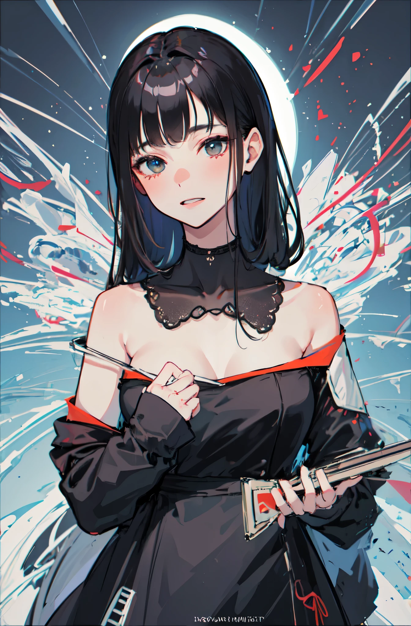 score_9, score_8, score_7_up, anime_source, anime, chromatic aberration, depth of field, bokeh, horror \(theme\), breasts, silver eyes, long black hair,blunt bangs, eyepatch, two-tone hair, simple background, evil, large ahoge, tattoo, dark aura, curse mark,