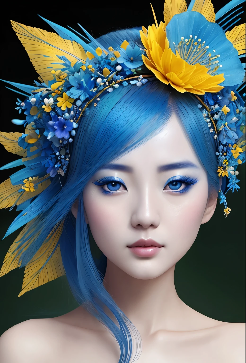 a close up of a woman with a blue and yellow flower headpiece, jingna zhang, blue - petals, inspired by Jin Nong, beautiful digital artwork, china blue eyes, crown of blue flowers, gorgeous digital art, blue adornements, natalie shau, asian female water elemental, beautiful gorgeous digital art, asian face, surreal waiizi flowers