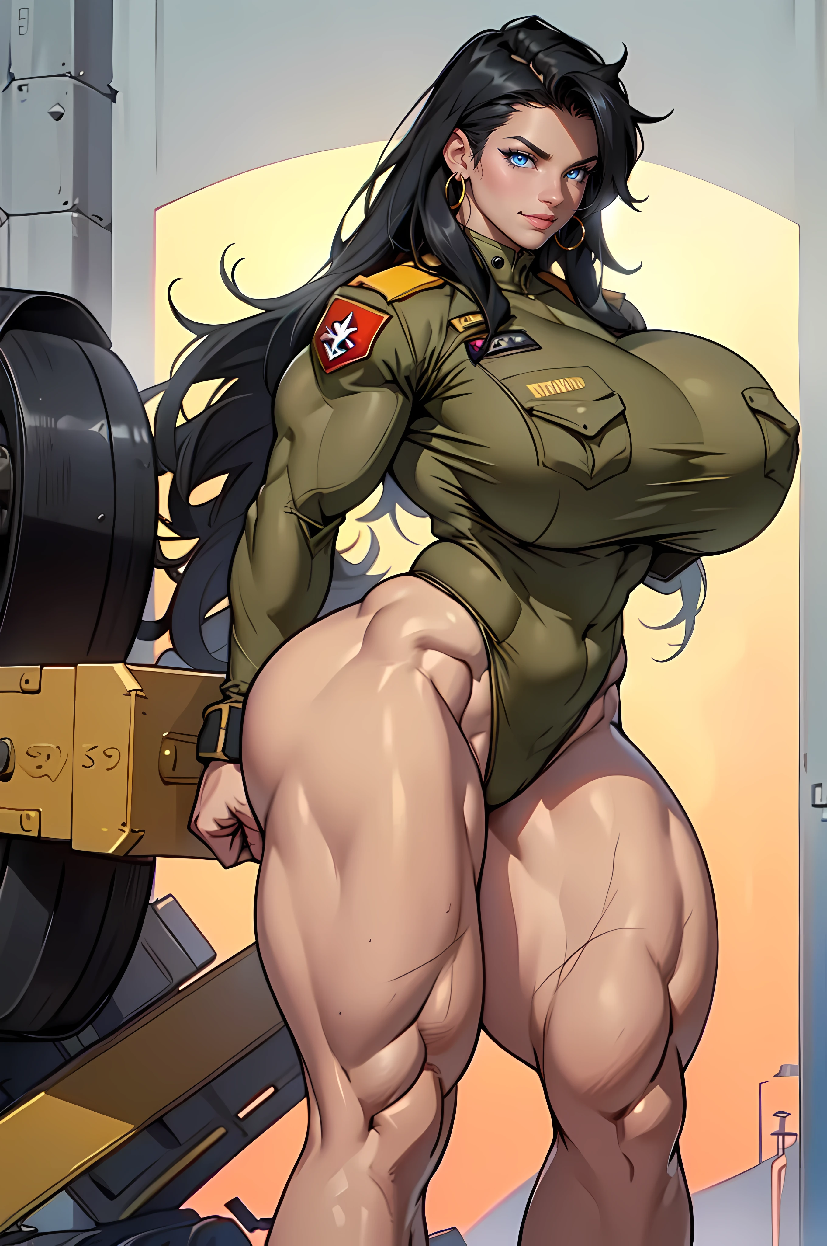 solo, 1 girl, (very long hair), black hair, angry, yellow eyes pale skin (wide hips thick thighs curvy muscular toned body bodybuilder huge tits), ((sexy military uniform)), (((Huge breasts))), ((long legs)), ((Female Bodybuilder)), ((((Muscular Legs)))), ((((Huge Muscles)))), (((accurate anatomy)))