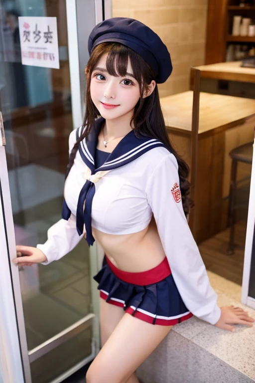 sailor suit, soapland, big breasts, not wearing pants, lots of pubic hair, open your legs, labia minora, front, custom, Inside the store,