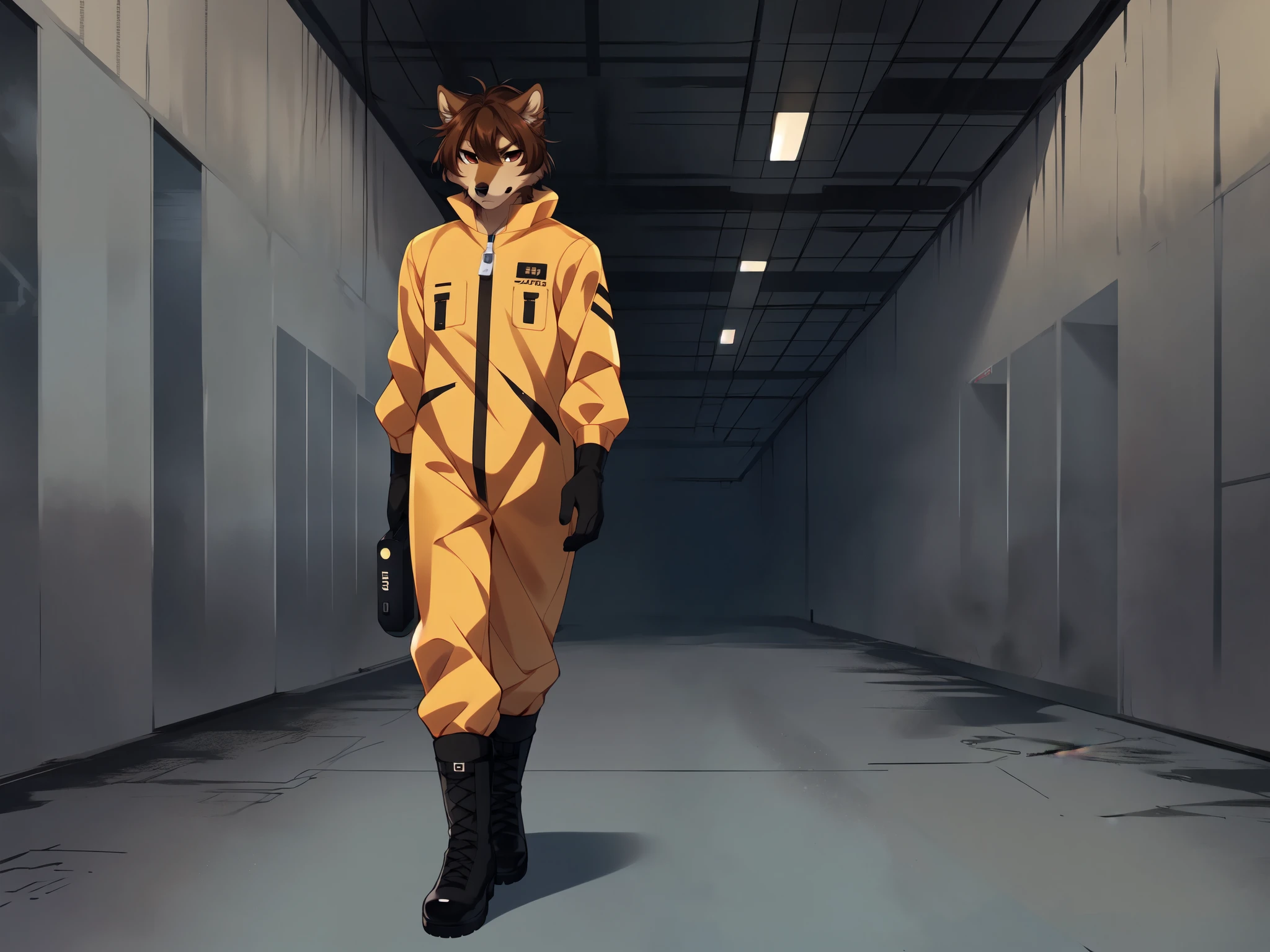 Jaiden, brown wolf, brown hair, brown eyes, feminine, wearing plain orange hazmat suit, black boots, black gloves, in a huge dark empty factory, serious face, walking towards viewer, looking away, holding up a walkie talkie, dark environment, by fumiko, by gudlmok99