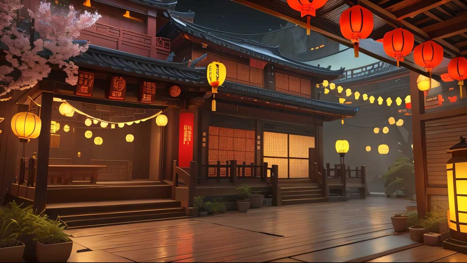 There are many lanterns hanging from the ceiling of this room, Beautiful rendering of the Tang Dynasty, Detailed photos of virtual worlds, Lanterns on the roadside sparkle, Lanterns at night, Red Lantern, Nice screenshot, Chinese style, Detailed scene, summer festival night, pixiv 3dcg, Cherry Blossom Season Dynamic Lighting, Popular topics on cgstation, Computer screenshot, In Unreal 3D Engine