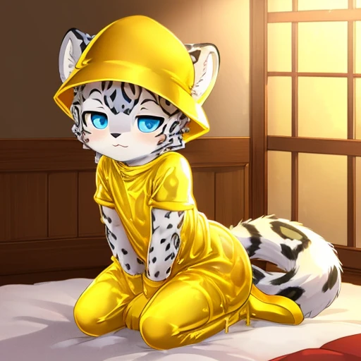 (best quality,high resolution)Snow leopard cub wearing golden slime,Wearing golden slime short sleeves,kneeling,In the room,With golden slime hat