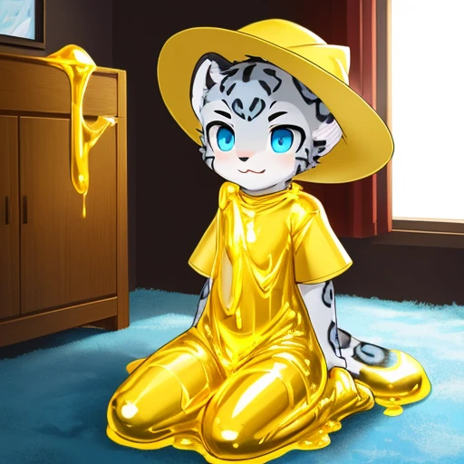 (best quality,high resolution）Snow leopard cub wearing golden slime，Wearing golden slime short sleeves，kneeling，In the room，With golden slime hat