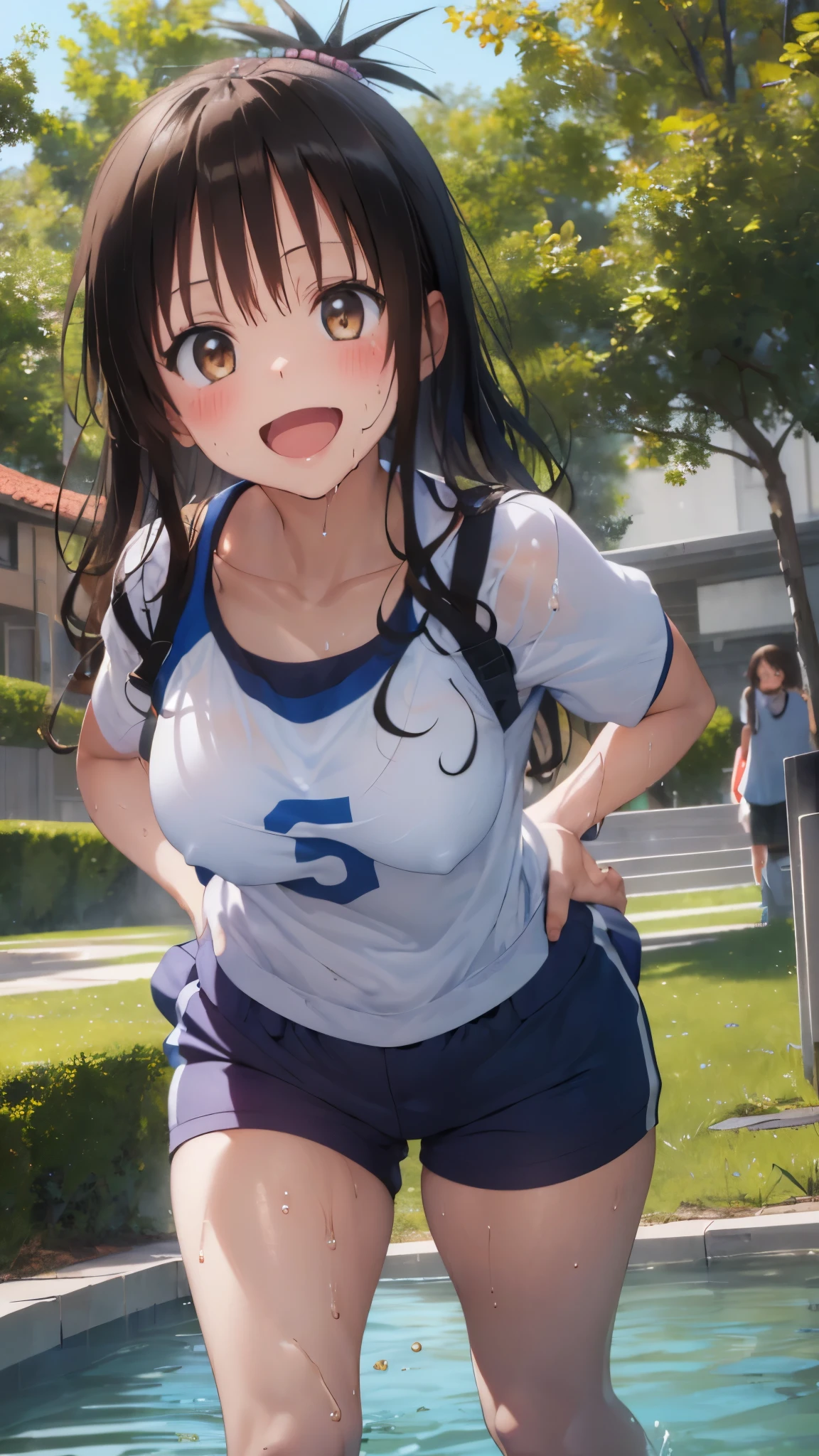 1 female,black hair,(()),(((White and blue short sleeve gym clothes and shorts)))(((blush、open mouth smile)),(((Yuki Mikan))),crowd(Baby girl bohape)(((small breasts)))sexy pose,((wet with sweat))Outside playground