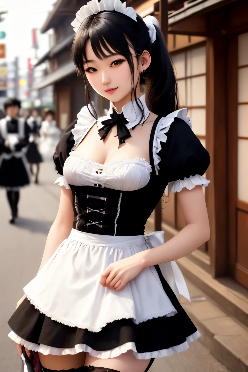 最high quality、high quality、best image quality、8K、最High resolution、High resolution、最high quality、masterpiece、RAW photo、whole photo、realistic atmosphere、(detailed face)、(fine hands、thumb1reference4)、(beauty of japan )、very nice face、beautiful face、((beautiful japanese girl))、(japanese woman), ((18 year old beautiful girl))、(glossy black hair)、(long straight hair)、((ponytail))、whole body、(small, round, upturned chest)、slim style、(shiny skin)、(Fair skin)、realistic human skin、realistic human body structure、perfect body, perfect face, perfect hands, perfect fingers, perfect lips, perfect eyes,perfect teeth、perfect background, beautiful skin,looking at camera、natural soft light、The shape of the nipple is clearly visible、The shape of the genitals is clearly visible、in tokyo akihabara、on the road、in the crowd、((Sheer transparent random color(english maid clothes、French Maid Clothing、gothic maid outfit、german maid clothes、backless maid clothes、Edwardian Maid Clothes、Garcon look maid clothes、Miniskirt Maid Clothing、Victorian Maid Clothing、classical maid clothes、steampunk maid outfit))