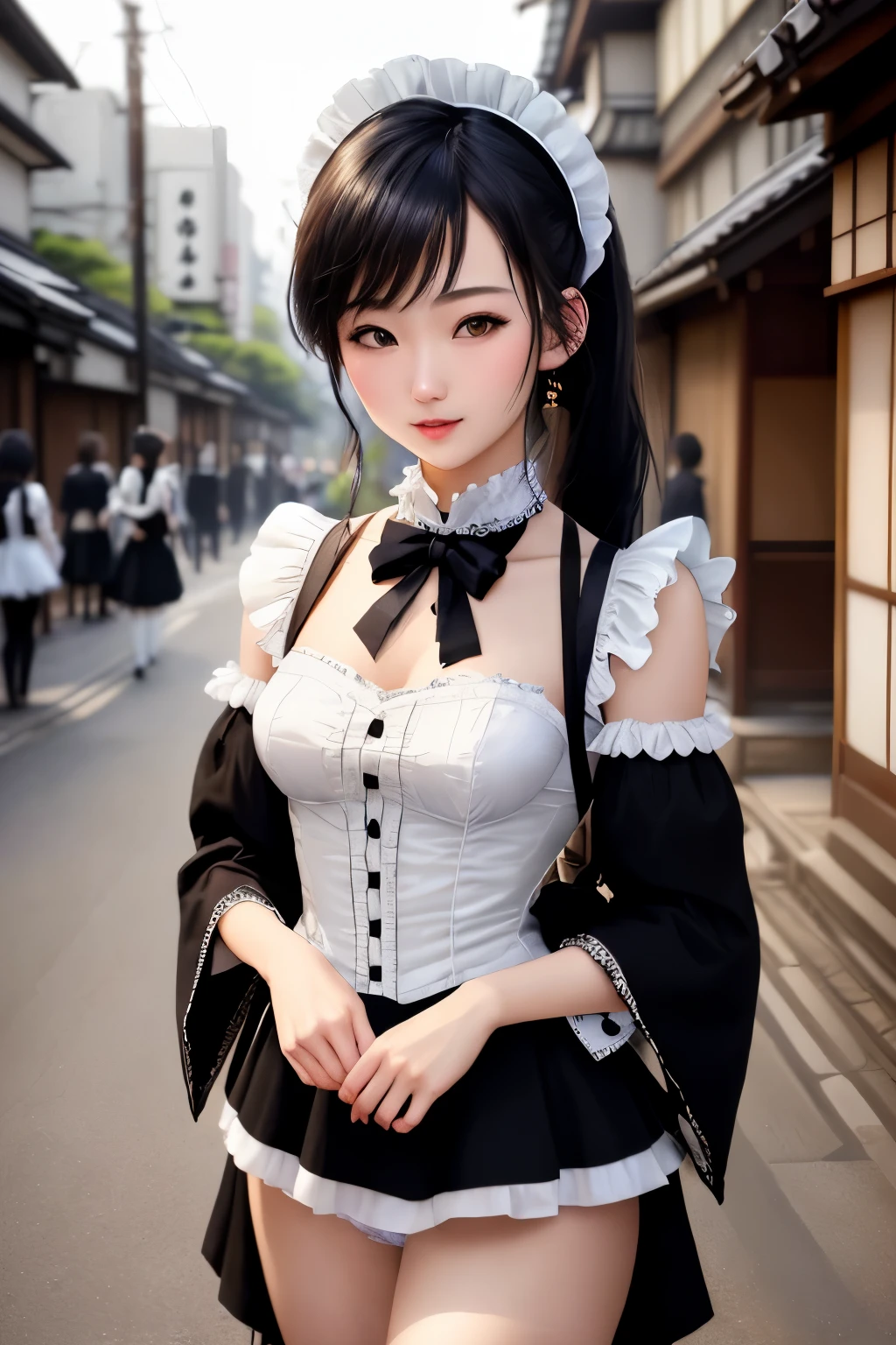 最high quality、high quality、best image quality、8K、最High resolution、High resolution、最high quality、masterpiece、RAW photo、whole photo、realistic atmosphere、(detailed face)、(fine hands、thumb１reference４)、(beauty of japan )、very nice face、beautiful face、((beautiful japanese girl))、(japanese woman), ((18 year old beautiful girl))、(glossy black hair)、(long straight hair)、((ponytail))、whole body、(small, round, upturned chest)、slim style、(shiny skin)、(Fair skin)、realistic human skin、realistic human body structure、perfect body， perfect face， perfect hands， perfect fingers， perfect lips， perfect eyes，perfect teeth、perfect background， beautiful skin，looking at camera、natural soft light、The shape of the nipple is clearly visible、The shape of the genitals is clearly visible、in tokyo akihabara、on the road、in the crowd、((Sheer transparent random color(english maid clothes、French Maid Clothing、gothic maid outfit、german maid clothes、backless maid clothes、Edwardian Maid Clothes、Garcon look maid clothes、Miniskirt Maid Clothing、Victorian Maid Clothing、classical maid clothes、steampunk maid outfit))