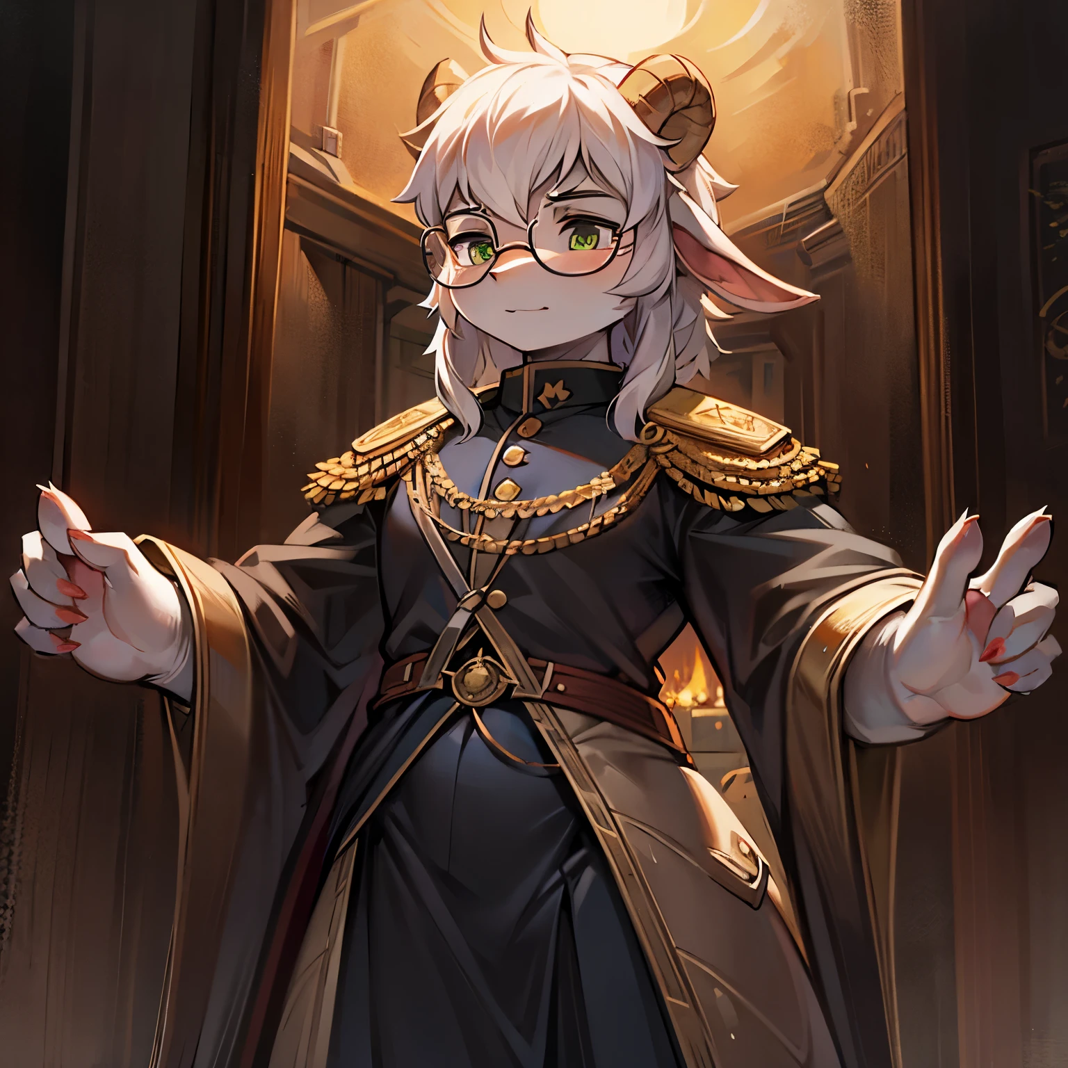 an anthropomorphic goat, pelo branco, circular glasses, roupa de ditador militar preta, serious face, cicatriz no olho, em frente a uma cidade em chamas, cartoon