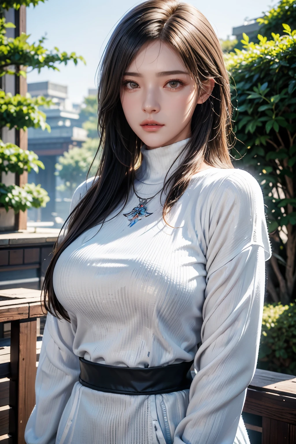 Game art，The best picture quality，Highest resolution，8K，((A bust photograph))，((Portrait))，(Rule of thirds)，Unreal Engine 5 rendering works， (The Girl of the Future)，(Female Warrior)，22岁少女，(Hair random)，(A beautiful eye full of detail)，(Big breasts)，(Eye shadow)，优雅迷人，微笑，(皱眉)，(Clothes full of futuristic sci-fi style，Sweater，A delicate pattern，Glittering jewels，Armor，White and red)，赛博朋克人物，未来风格， 拍照姿势，街道背景，Movie lights，Ray tracing，Game CG，((3D Unreal Engine))，oc渲染反射纹