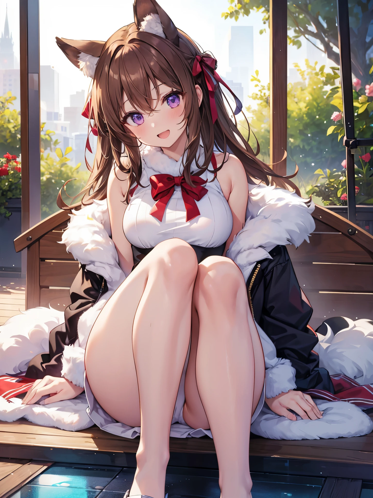 1 baby girl, Alone, Generally poor breasts, Looking at the viewer, red face, smiling, open mouth, bangs, meboobs boobs Dium Generally poor breasts, brown hair, ribbon, hair between eyes, bare shoulboobs boobs Ders, Wariza sitting down, , eyes purple, butt, :boobs boobs D, thick legs, thick thighs, outboobs boobs Door, tooth, paboobs boobs Dboobs boobs Dles, reboobs boobs D bow, fluff, neck ribbon, solar floor light, fur tooth