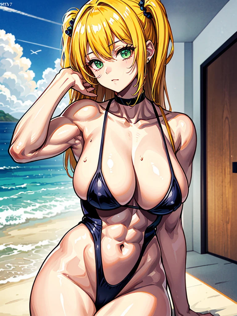 (((masterpiece、Highest image quality、highest quality、highly detailed unity 8kwallpaper)))、((Illustration of one girl))、(((beautiful girl)))、((blonde、two side up、sidelocks:1.6、green eyes))、(((tall:1.4、stocky build:1.6, thickset physique:1.7, muscular legs, broad shoulders:1.7, solid chest:1.6)))、swimsuit、sandy beach