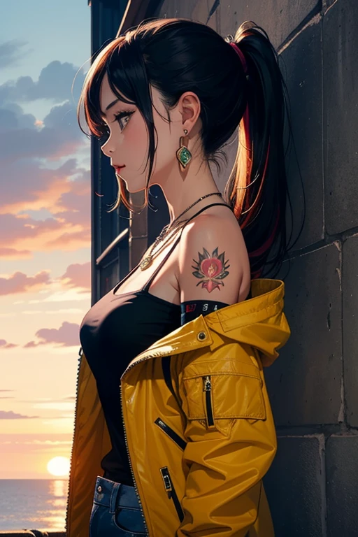 1girl, solo, jewelry, jacket, ponytail, multicolored hair, earrings, necklace, off shoulder, from side, tattoo, sunset in the background, Bright colours, Three-Quarter View