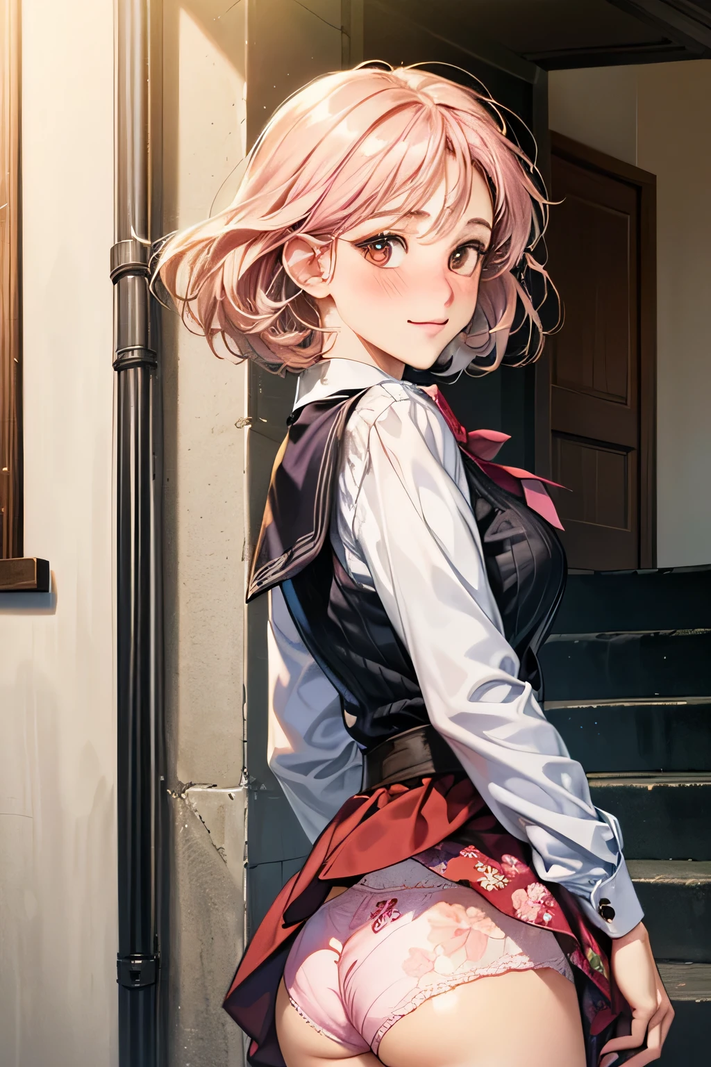 one woman, alone, middle aged, きれいなmiddle agedの女性、I could see the whole body、 ((short hair)), ((brown eyes, beautiful eyelashes, realistic eyes)), ((detailed face, blush:1.2)), ((smooth texture:0.75, realistic texture:0.65, realistic:1.1, Anime CG style)), ((glamorous body)),(( big breasts)), dynamic angle, perfect body, ((purple transparent bow, red skirt))、(Hotel stairs)、It's windy、(Very embarrassing panic smile)、looked back、I can see her ass sticking out in front of me...、Angle looking up from the bottom of the stairs、 (((The wind flipped up my skirt、My butt is now completely visible...、Pink floral panties)))、((table top, highest quality, High resolution, perfect pixel, 4K,))),