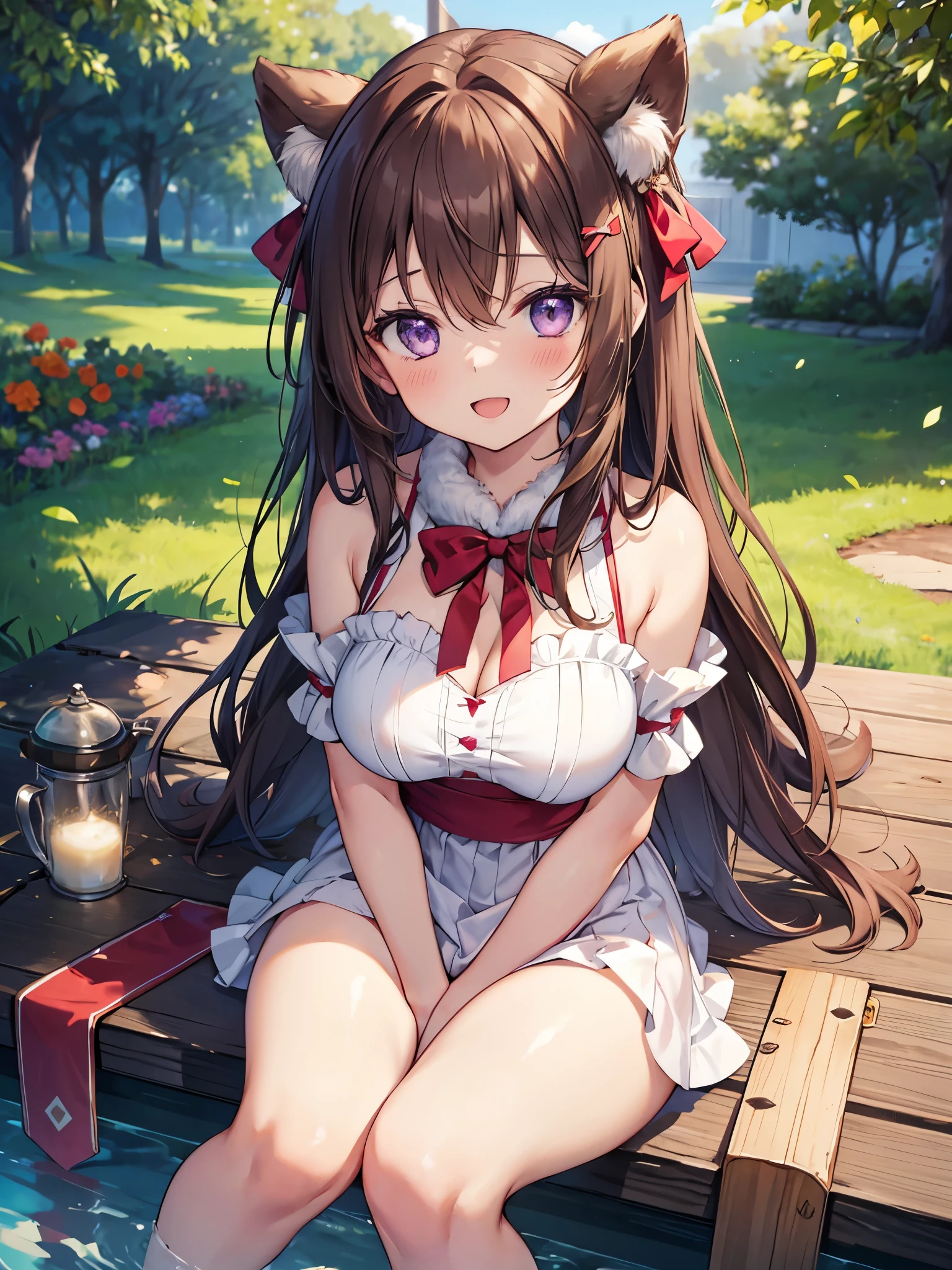 Envision an anime girl with chestnut-brown hair styled in soft curls, embodying the luxury of a plush velvet getaway. Her bikini, a tactile marvel, features a deep rose-red velvet with intricate gold embroidery. Posing in an elegant rose garden with oversized plush velvet roses, she stands with arms raised. The bikini has ribbon bow details and lace trims, and her expression is one of gentle elegance, capturing the plush Velvet Rose Retreat.