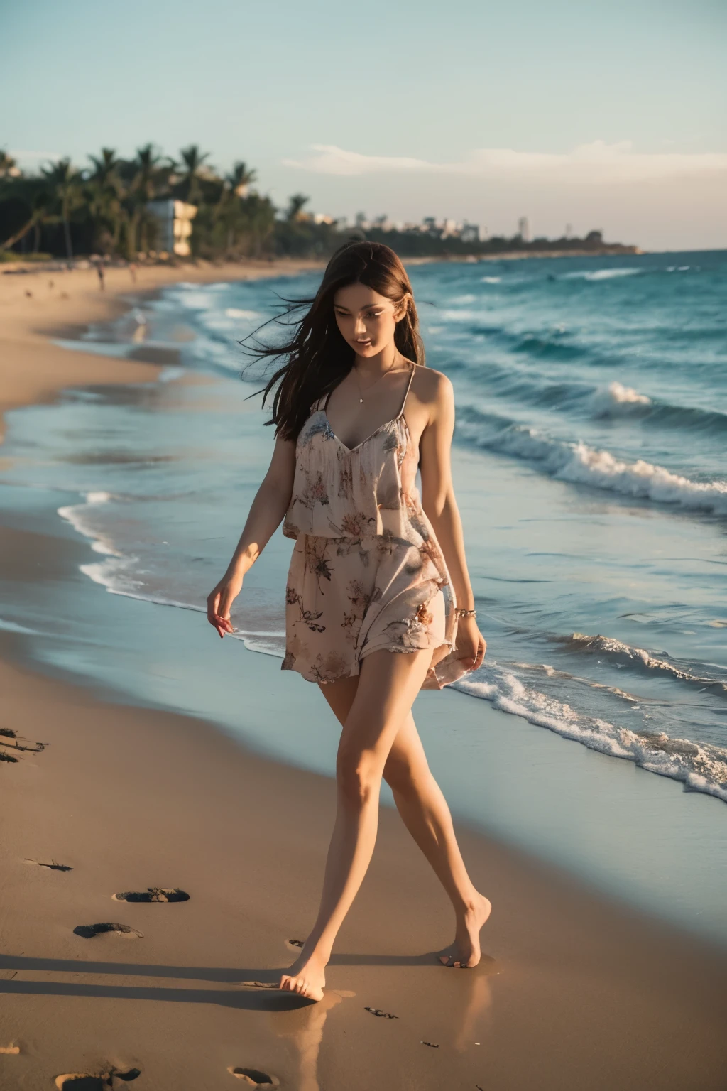 A girl walks on the beach,Behind her her boyfriend