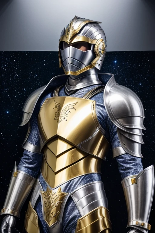 a young male, 18 years old, in light silver armor with gold details, and with details on the armor that resemble the universe