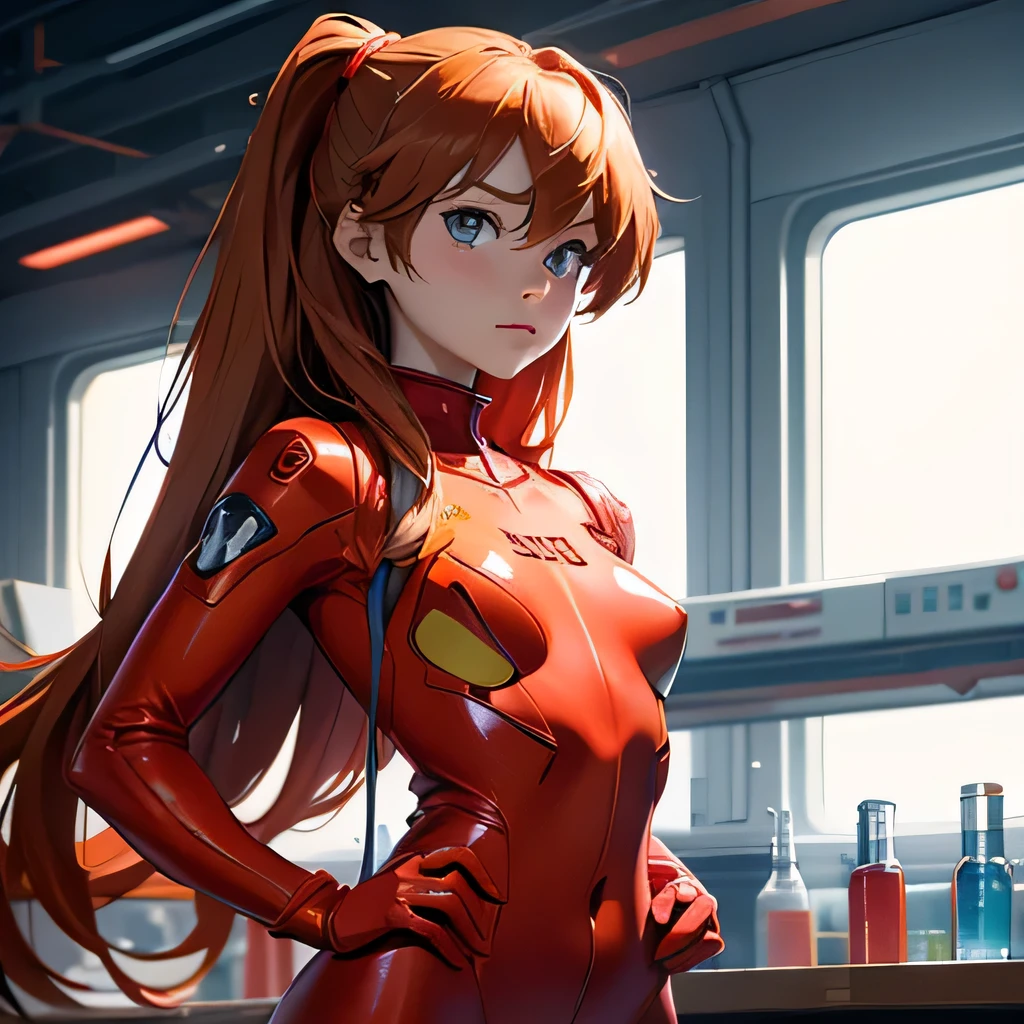 highest quality, expressive eyes, perfect face, 1 girl, alone,asuka langley, interface headset, red bodysuit, leaning forward, put your hands on your hips, Are standing, portrait, laboratory background, looking at the viewer