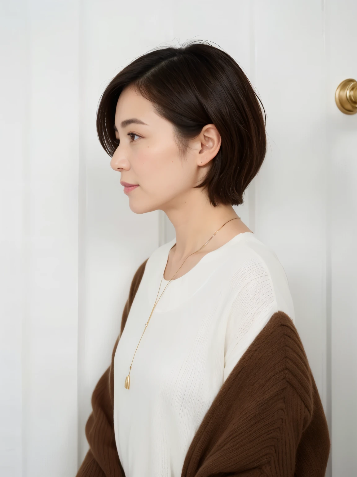 (Highly realistic photos, High resolution, detailed face, fine eyes), ((Taken in front of a white wall))、japanese woman, 40 years old, Variety of facial expressions, alone:1, slim figure, different hairstyles, casual clothes, Only one person appears in the photo、long sleeve dress、Shot in natural light、simple necklace、Spring clothes、Don't look at the camera、profile、Dark brown hair color、bob hair、hands are down