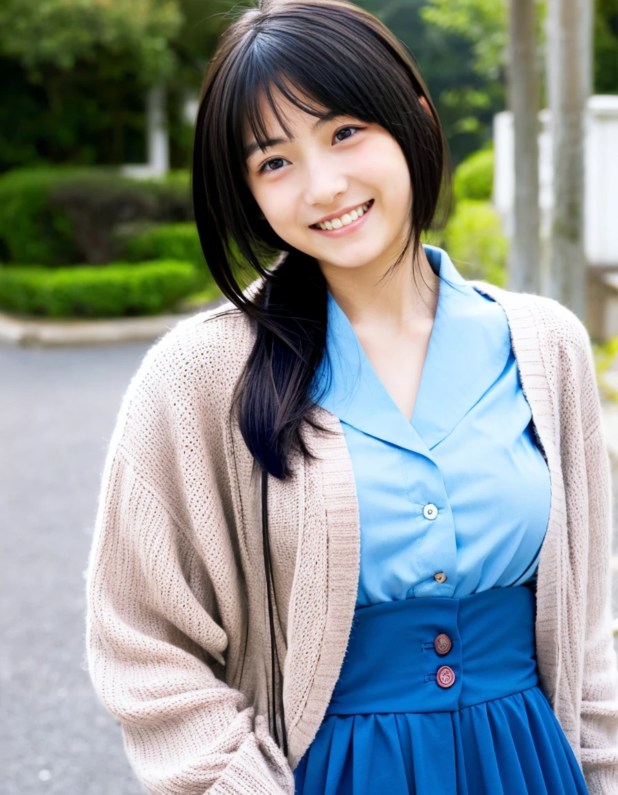 Japanese beautiful girl、16 years old、hatsuharu、light colored cardigan、blue clothes、hair scrunchie、small eyes、Black hair straight long、Moist eyes、Spinning、bitter smile、double teeth、long skirt、