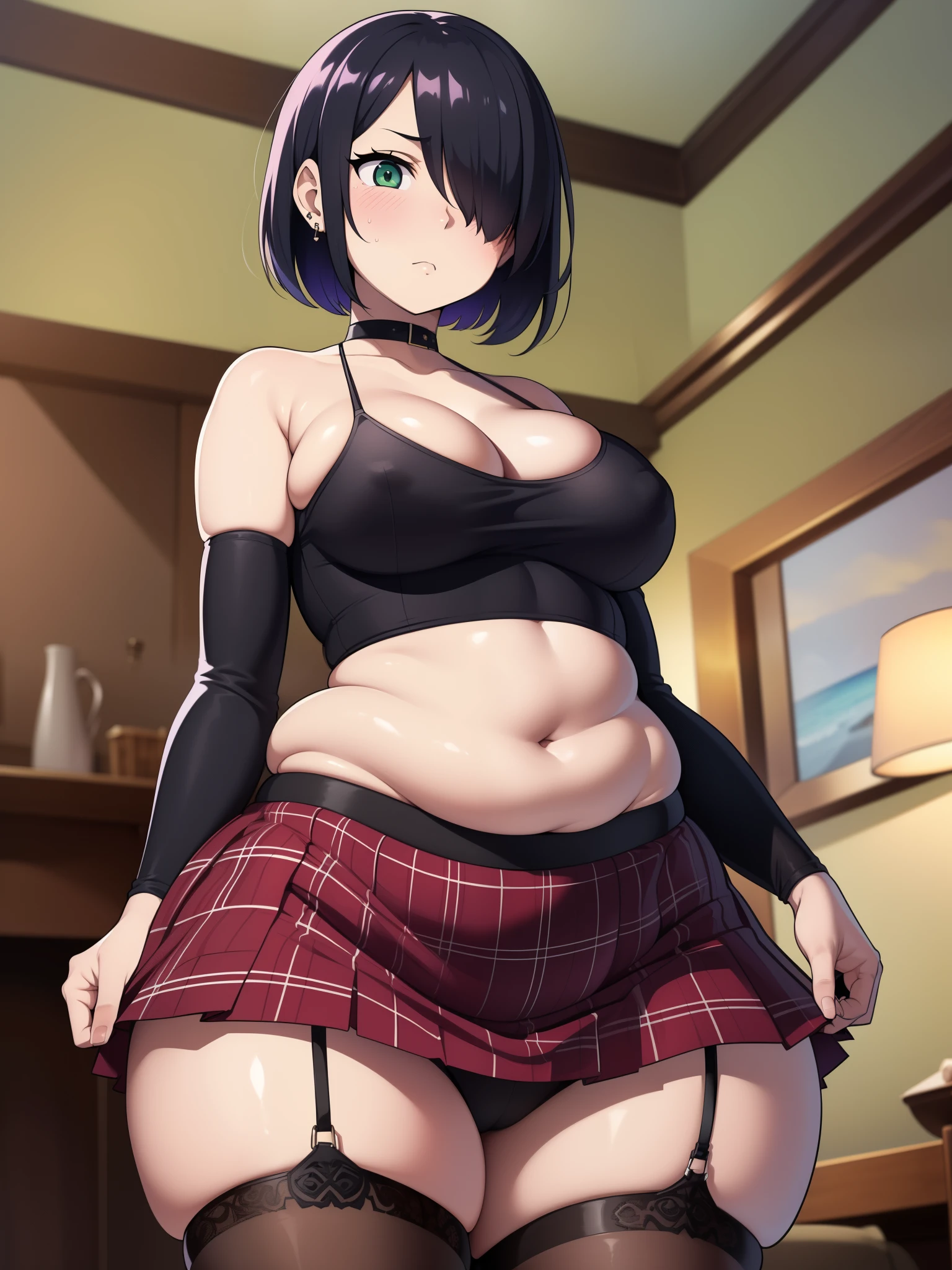 ((Masterpiece)), perfect anatomy, perfect shading, field of depth, (best quality), extremely delicate and beautiful, perfect lighting, detailed face, ultra cute face, cute, (cowboy shot 1.2), full body, ((1girl)), ((solo)), goth girl.
short hair, fluffy hair, black hair, (hair over one eye), pale skin, green eyes, piercing, ((blush)), (embarrassed), extremely tight clothes, medium breasts, cleavage, perky breasts, ((wide hips)), (((thick thighs))), ((chubby)), pudgy belly, fat rolls, belly hang,
living room, fireplace, house, intricate background, detailed background, (black crop top 1.5), (plaid skirt 1.5), (short skirt),
