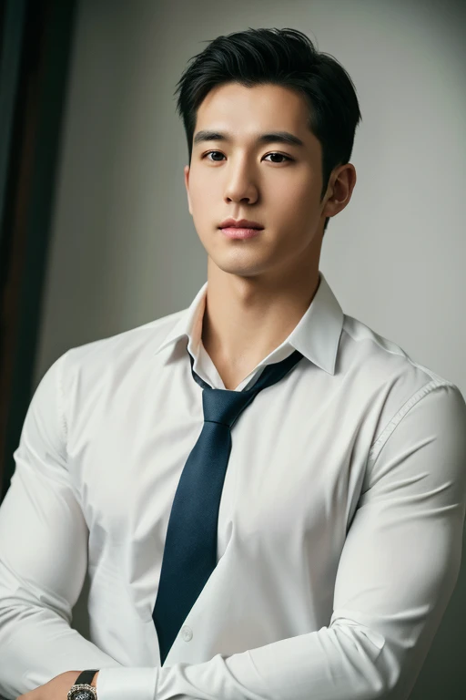 1man, a 25-year-old muscular man, wears a long-sleeved white shirt and tie, bodice, soft lighting, masterpiece, best quality, 8k ultra HD, DSLR camera, film grain, Midjourney and greg rutkowski's Fujifilm XT3 realistic painting art , sexy , fullbody , eroticism , male , handsome man ,