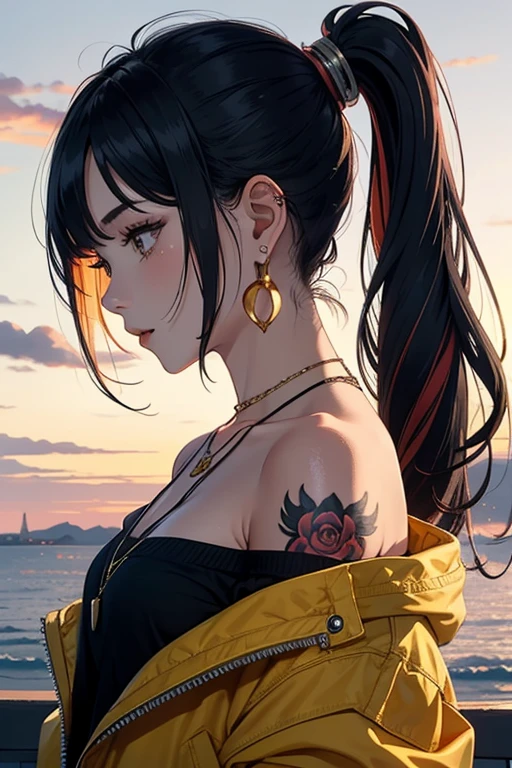 1girl, solo, jewelry, jacket, ponytail, multicolored hair, earrings, necklace, off shoulder, tattoo, sunset in the background, Bright colours, Three-Quarter View