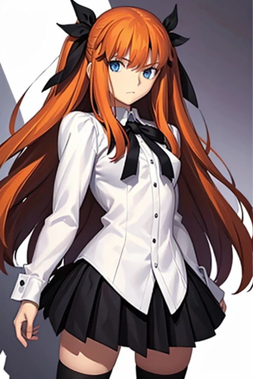 (masterpiece), best quality, expressive eyes, perfect face, 1girl, solo, blue eyes, dark orange Hair, Loose hair, hair ribbon, long hair, black ribbon, sidelocks, bangs two side up, black skirt, black thigh-highs, long sleeves, miniskirt, pleated skirt, white blouse, tigh-highs, character sheet, full body, looking at viewer,