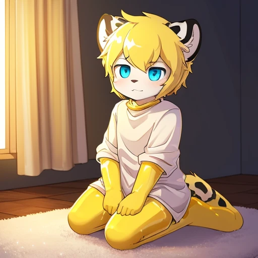 (best quality,high resolution)Snow leopard cub wearing golden slime,Wearing golden slime short sleeves,kneeling,In the room,Wearing golden slime socks