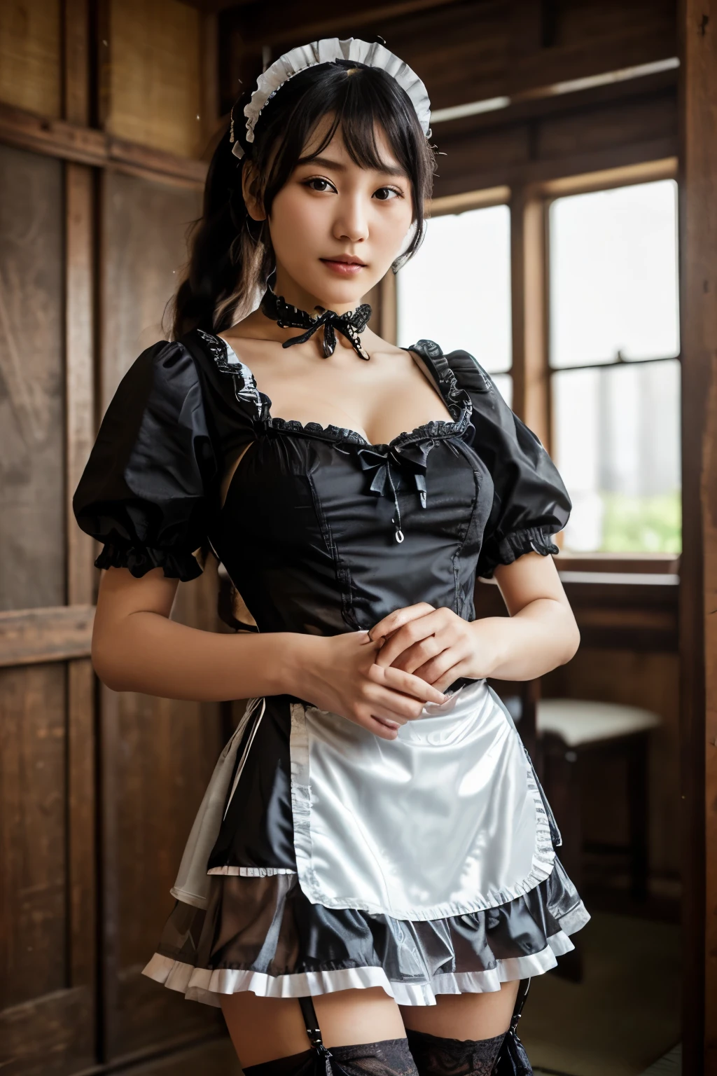 最high quality、high quality、best image quality、8K、最High resolution、High resolution、最high quality、masterpiece、RAW photo、whole photo、realistic atmosphere、(detailed face)、(fine hands、thumb1reference4)、(beauty of japan )、very nice face、beautiful face、((beautiful japanese girl))、(japanese woman), ((18 year old beautiful girl))、(glossy black hair)、(long straight hair)、((ponytail))、whole body、(small, round, upturned chest)、slim style、(shiny skin)、(Fair skin)、realistic human skin、realistic human body structure、perfect body, perfect face, perfect hands, perfect fingers, perfect lips, perfect eyes,perfect teeth、perfect background, beautiful skin,looking at camera、natural soft light、The shape of the nipple is clearly visible、The shape of the genitals is clearly visible、in tokyo akihabara、on the road、in the crowd、((Sheer transparent random color metallic(english maid clothes、French Maid Clothing、gothic maid outfit、german maid clothes、backless maid clothes、Edwardian Maid Clothes、Garcon look maid clothes、Miniskirt Maid Clothing、Victorian Maid Clothing、classical maid clothes、steampunk maid outfit))