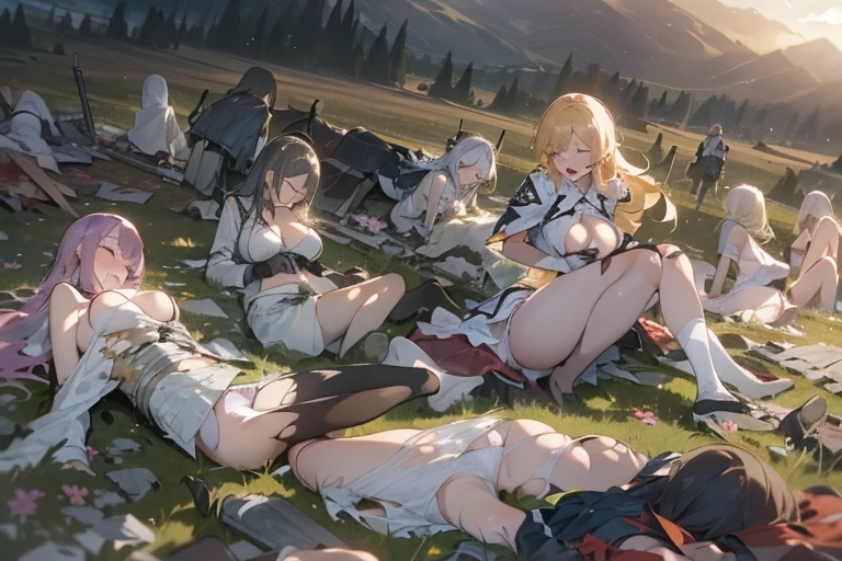 (fallen down on ground, killed in action, multiple girls, 6+ girls, closed eyes, pain, torn clothes, torn skirt, white panties, big breast, pile of corpse, scenery, landscape, battlefield:1.3)