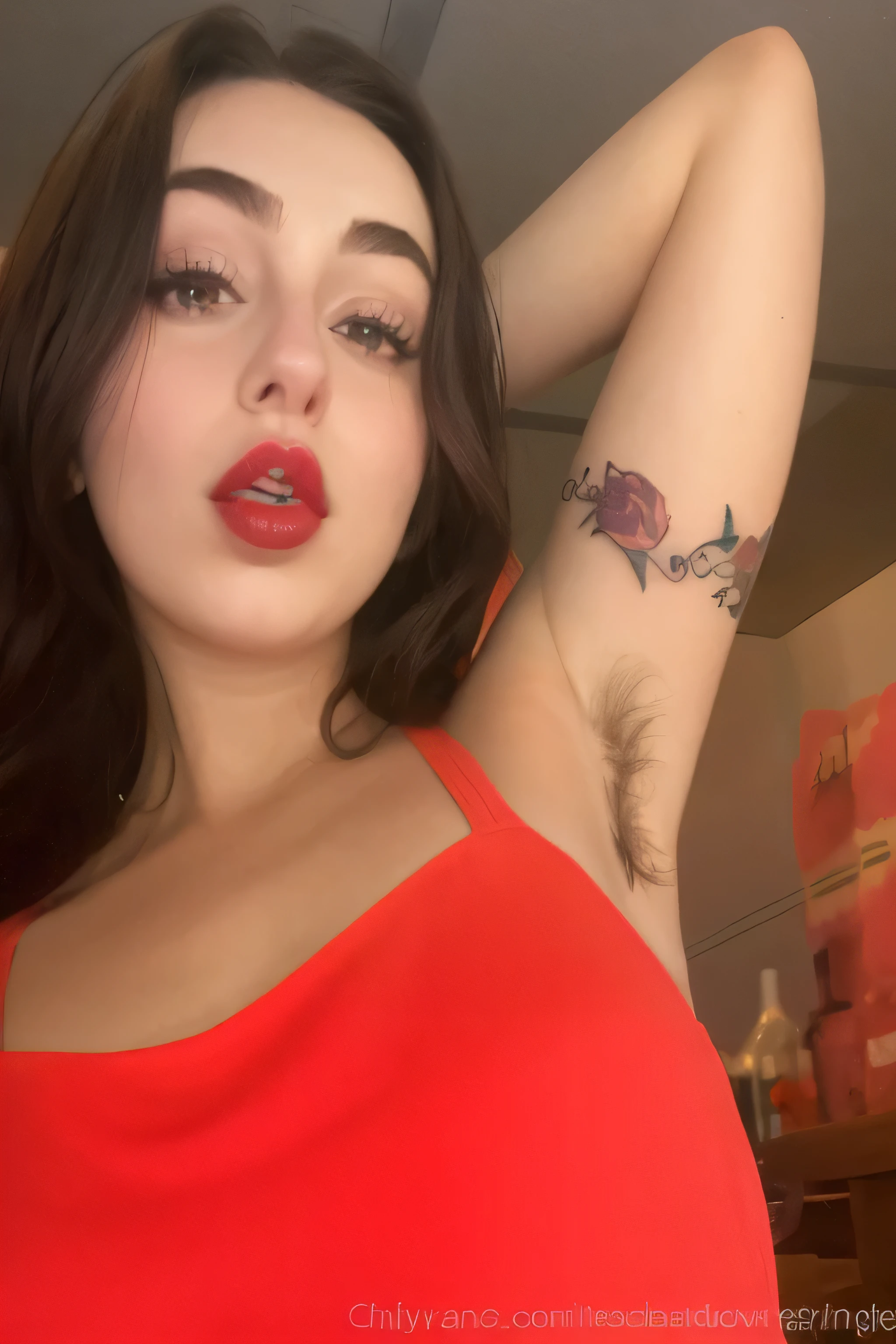 Arms up sweaty pits clown face ahegao face naked girl big breast realistic girl detailed armpit wrinkles detailed quality beautiful girl realistic girl red lipstick 