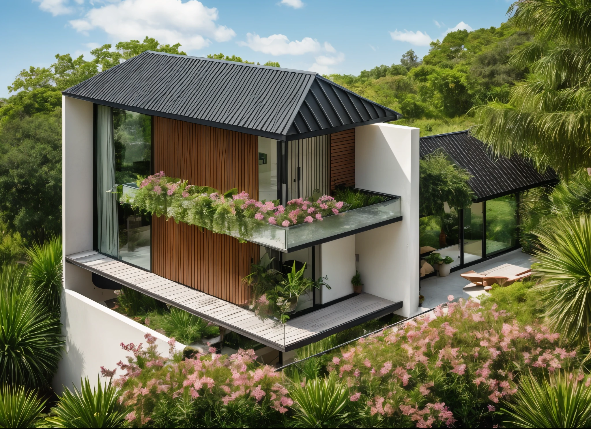 RAW photo,Masterpiece, high quality, best quality, authentic, super detail,
exterior, outdoors, house style modern with brown stucco wall, balcony, railing glass, refection glass windows, indoor furniture,
,grass,tropical garden, trees, beautiful summer sky, beautiful landscape with grass and flower bushes, plants, treeodern minimalist lines:1.1)
(day:1.2), vray, 8k, uhd, vivid colour