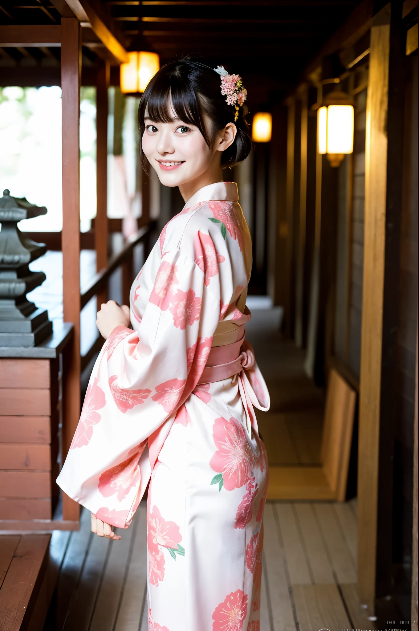 girl standing crowded Japanese shrine,long-sleeved floral pink kimono,hair accessories,18-year-old,bangs,a little smile,legs,short cut hair,low ponytail,from below,front-lighting
