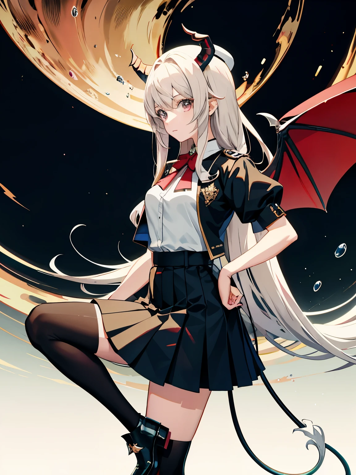 Anime characters wearing uniforms and hats, demon anime girls, dragon girls, estilo de arte anime moe, arte detalhada de personagem de anime, cabelo longo branco, camisa branca, Seda branca, Botas de salto alto, saia curta preta ,CIDADE ,gigante