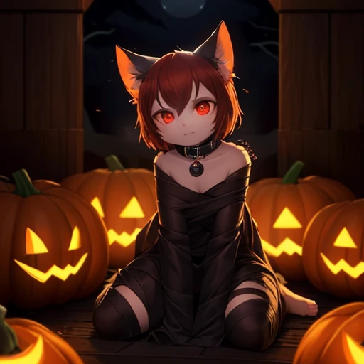 A bandaged cat, right position tail, red pupils, collar, Halloween, night, pumpkin, body covered with randomly colored slimes, kneeling, (best quality, 4k, highres, masterpiece:1.2), ultra-detailed, realistic:1.37, HDR, vivid colors, portraits, eerie lighting